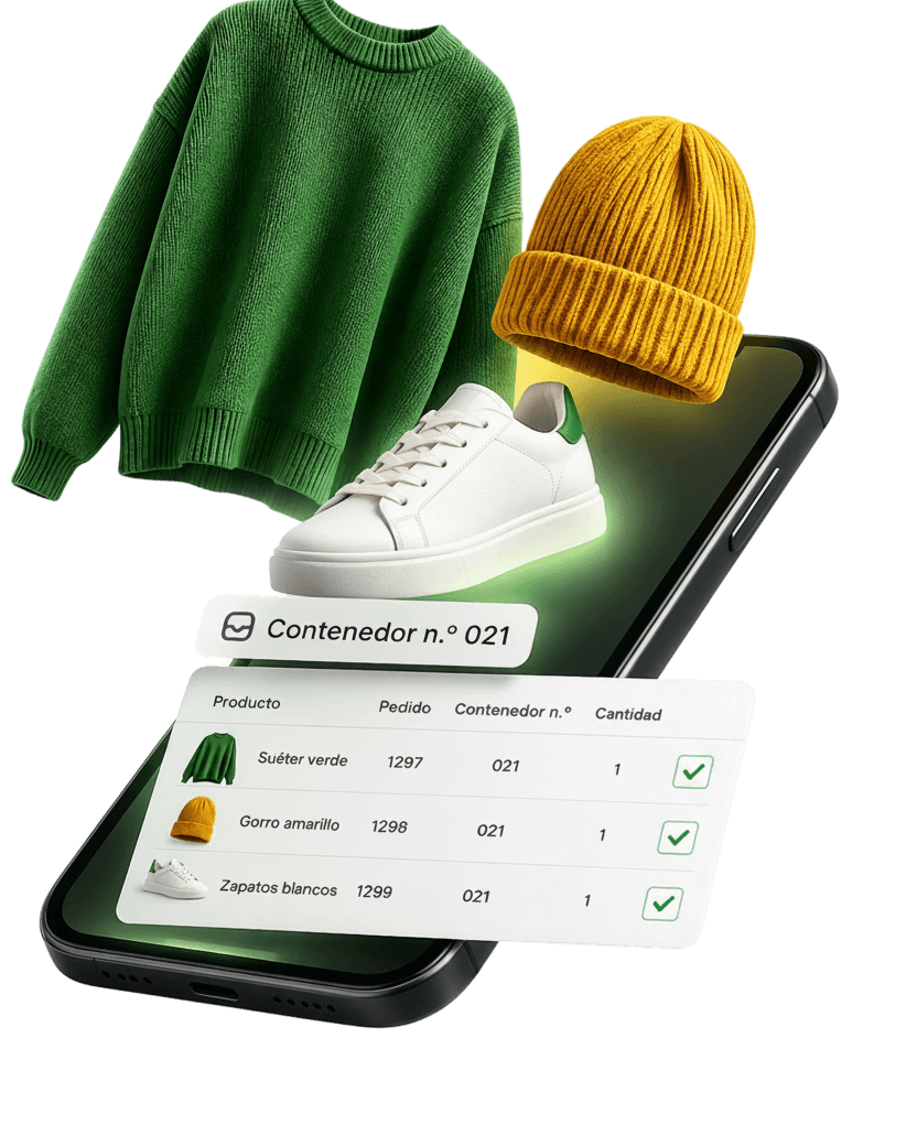 Teléfono con panel Domun: suéter verde, gorro amarillo y zapatilla blanca flotando sobre la pantalla; tarjeta Contenedor n.º 021 con lista de productos y marcas de verificación.