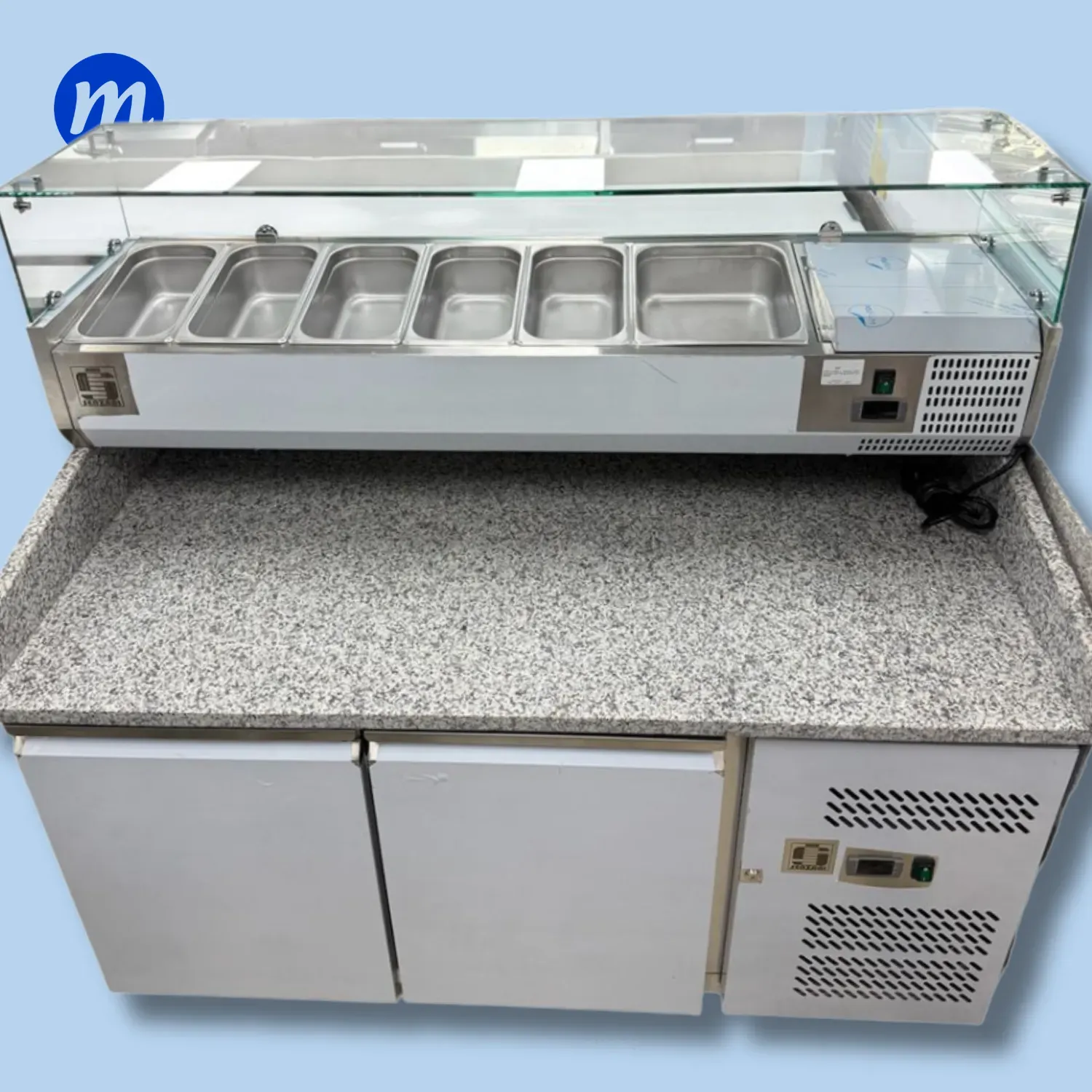 MUEBLE PIZZERO 2 PUERTAS ACERO INOXIDABLE CON TOPE DE GRANITO 110V SENZANI