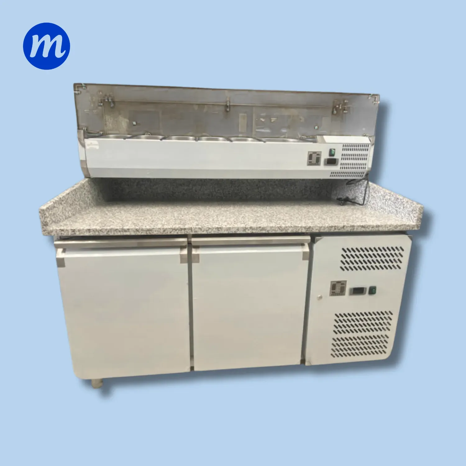 MUEBLE PIZZERO 2 PUERTAS ACERO INOXIDABLE CON TOPE DE GRANITO 110V SENZANI