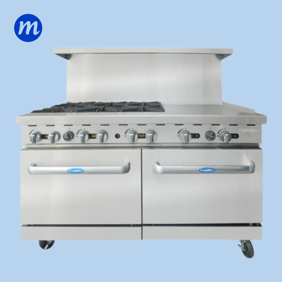 COCINA 6 HORNILLAS EN A/I PLANCHA Y 2 HORNOS SALPICADERA CON REPISA ATOSA