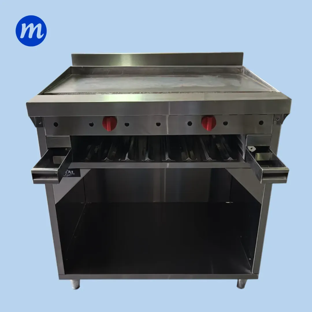 PLANCHA DE PEDESTAL CON GABINETE Y GRATINADOR EN A/I A GAS 90CM METAL SUPREME