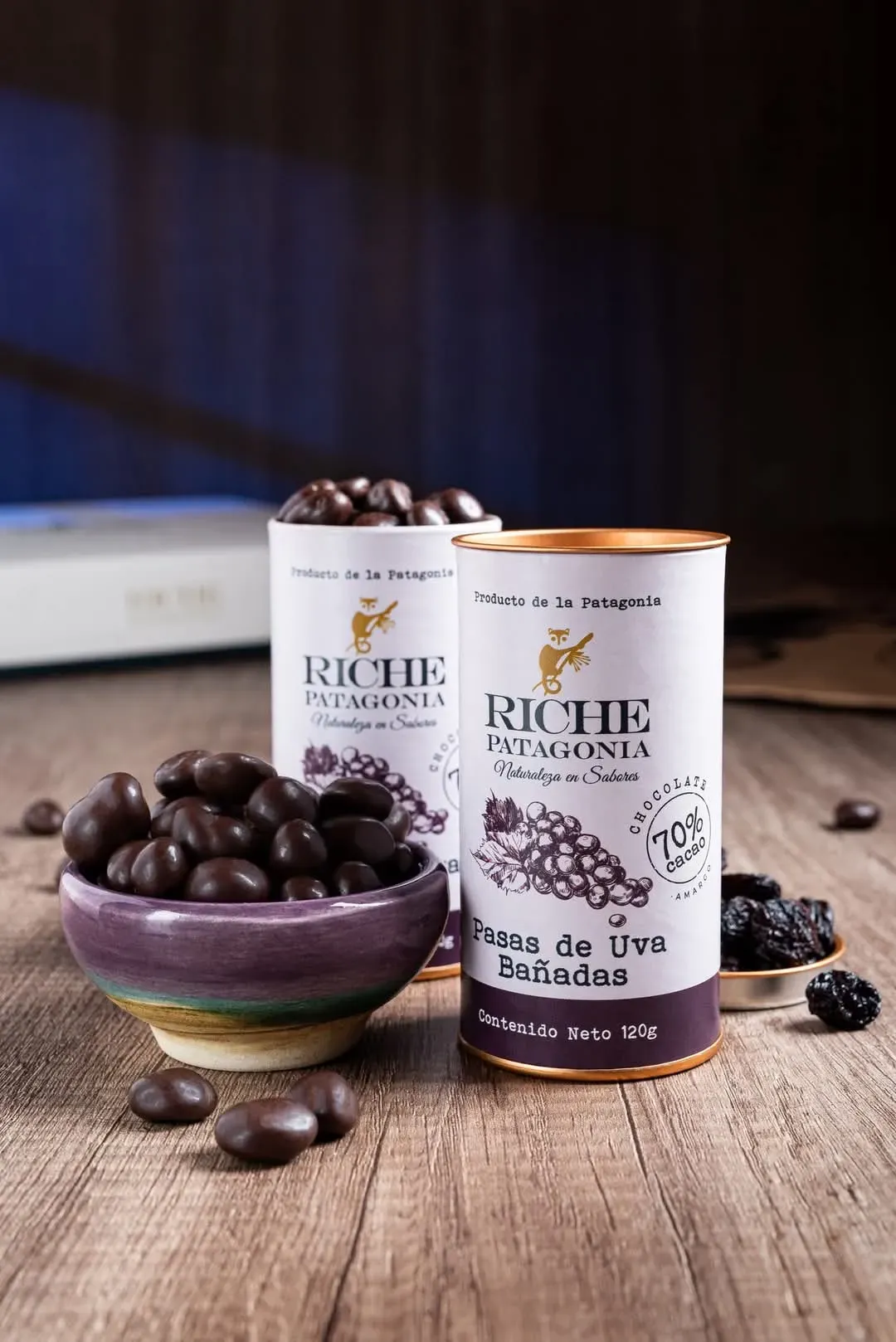 ✔️ RICHE PATAGONIA LATA DE PASAS DE UVA C/CHOCOLATE AL 70% 120gr