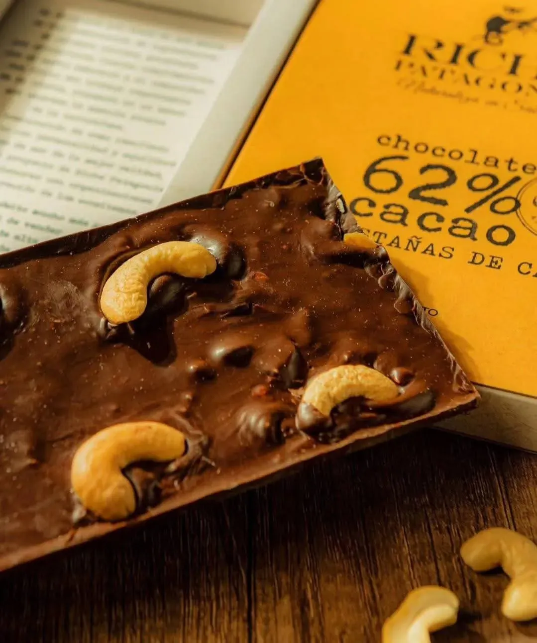 ✔️ TABLETA RICHE PATAGONIA 62% CACAO C/CASTAÑAS CAJU 110gr