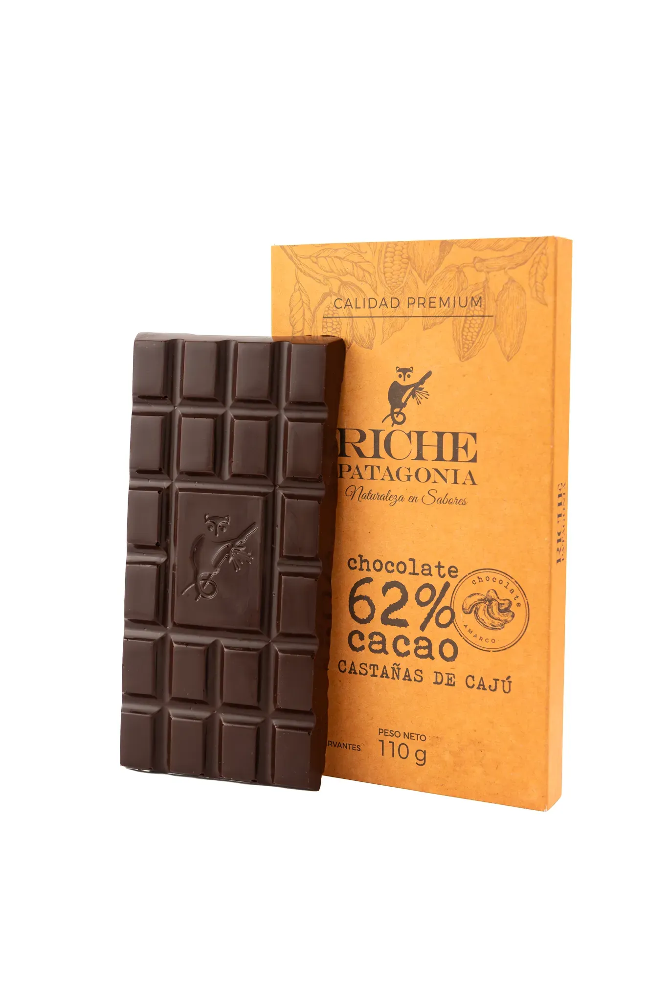 ✔️ TABLETA RICHE PATAGONIA 62% CACAO C/CASTAÑAS CAJU 110gr