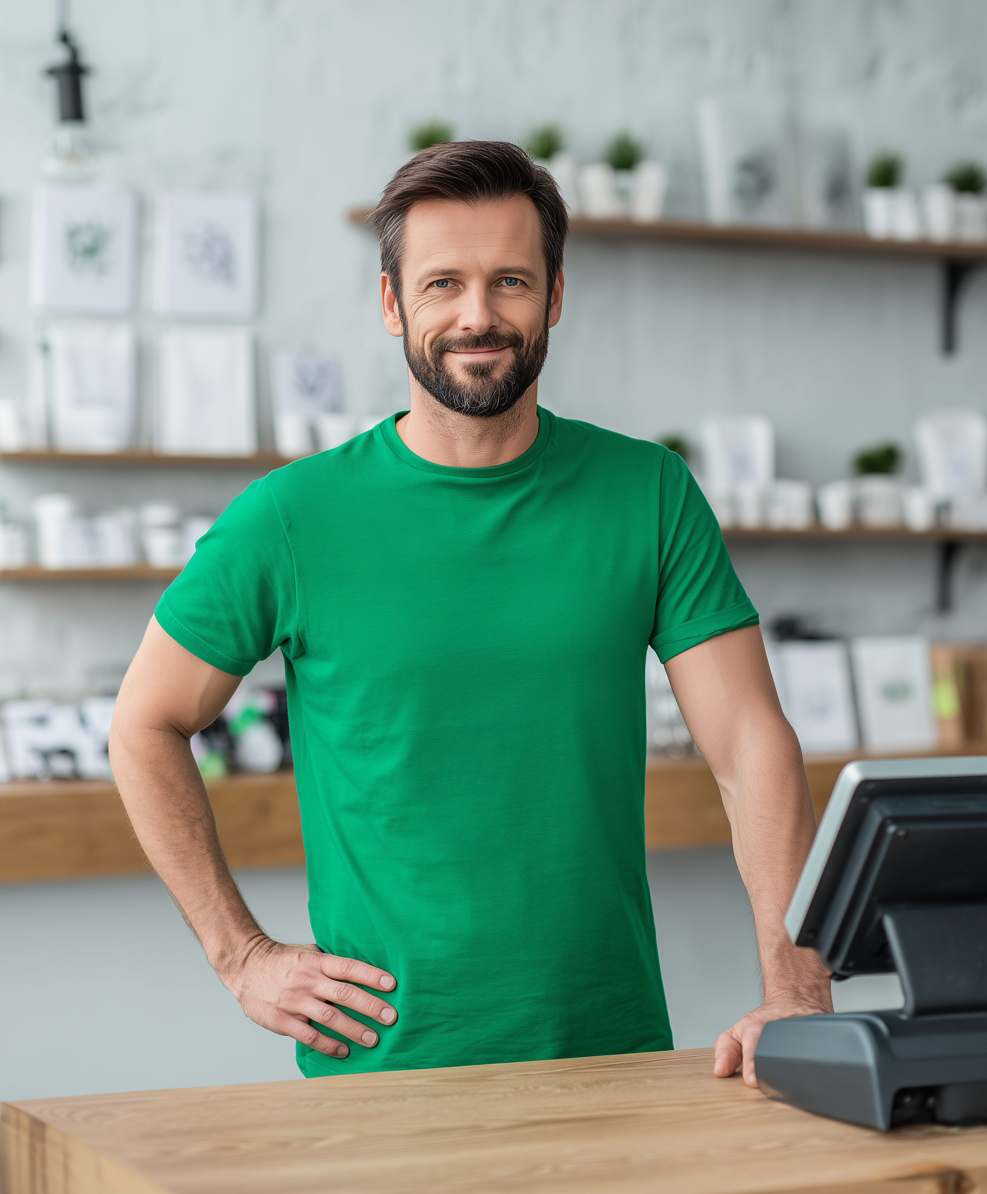 DueÃƒÂ±o de tienda con camiseta verde